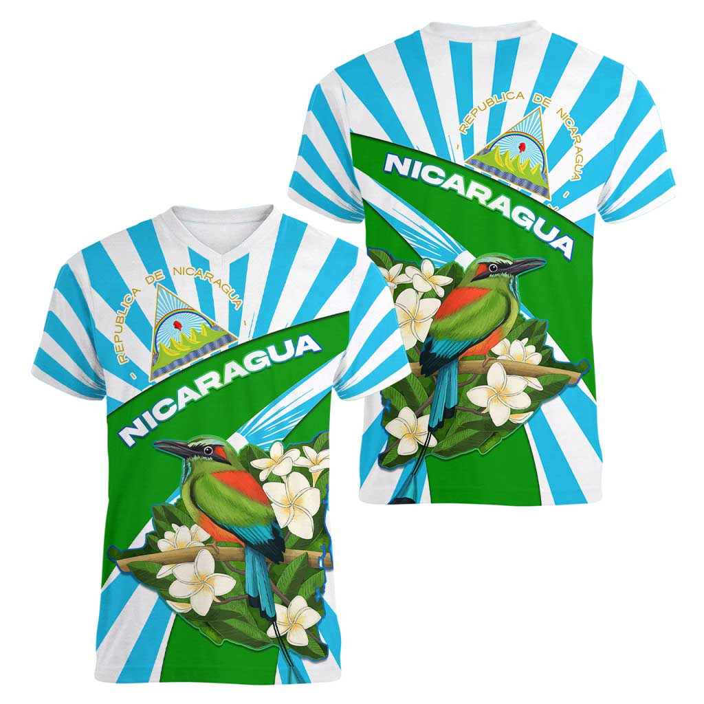 Nicaragua National Bird Women V-Neck T-Shirt with White Flor de Sacuanjoche and Blue Stripe Design - Wonder Print Shop