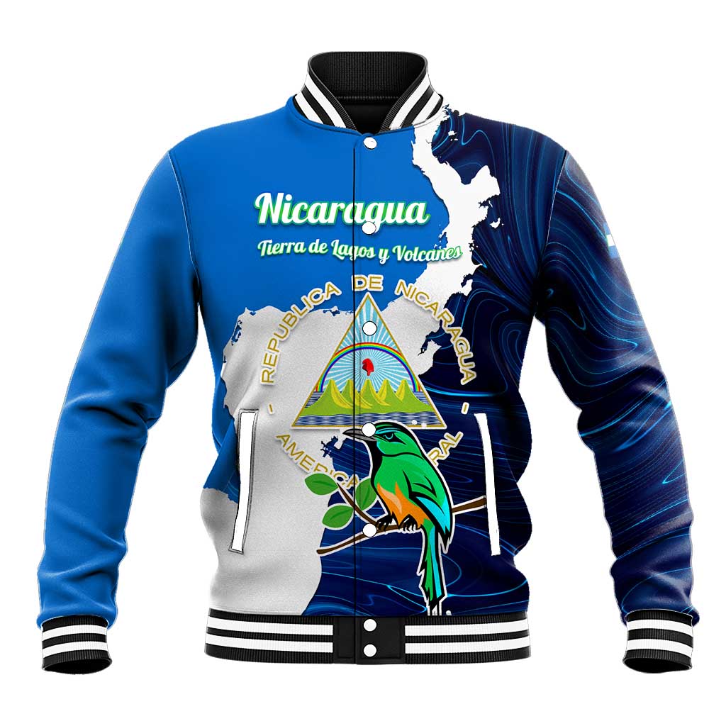 Nicaragua Guardabarranco Bird Baseball Jacket with Volcano Map and National Emblem Design - Wonder Print Shop