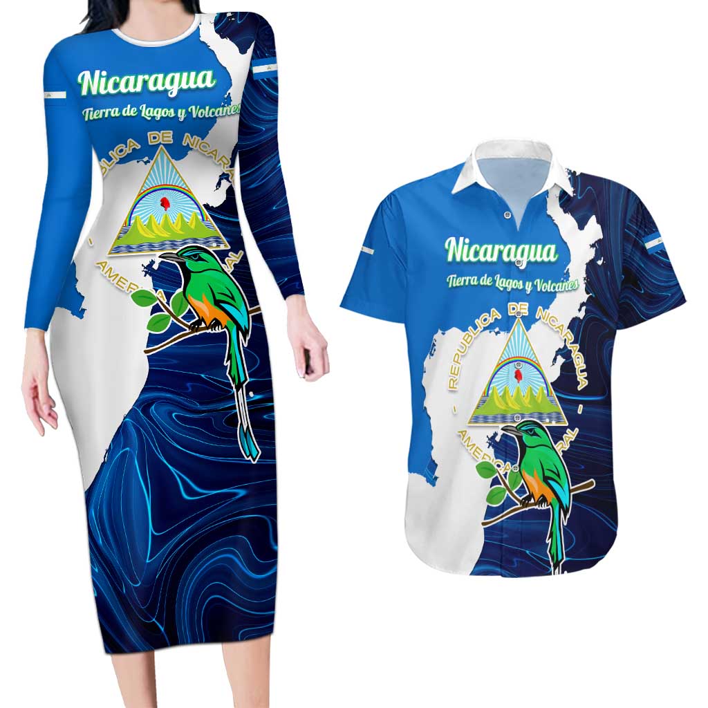 Nicaragua Guardabarranco Bird Couples Matching Long Sleeve Bodycon Dress and Hawaiian Shirt with Volcano Map and National Emblem Design - Wonder Print Shop
