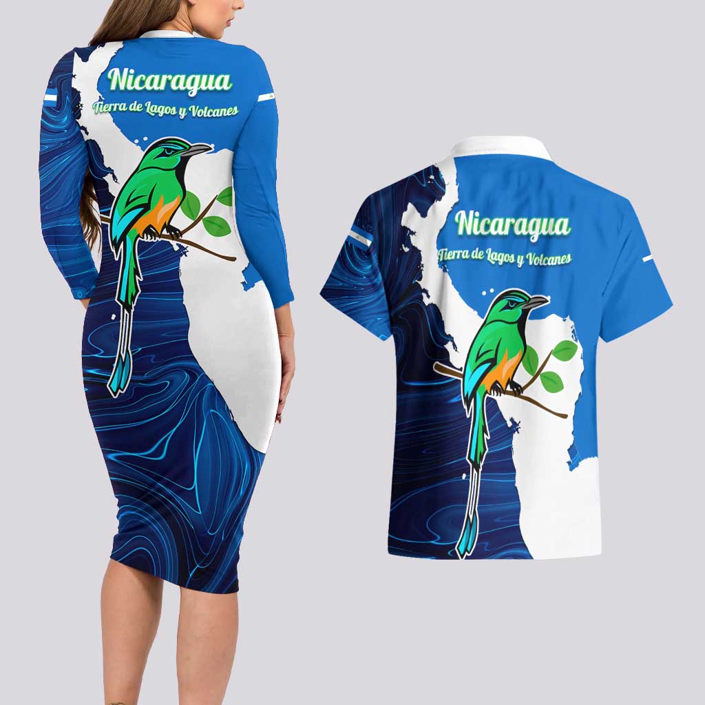 Nicaragua Guardabarranco Bird Couples Matching Long Sleeve Bodycon Dress and Hawaiian Shirt with Volcano Map and National Emblem Design - Wonder Print Shop