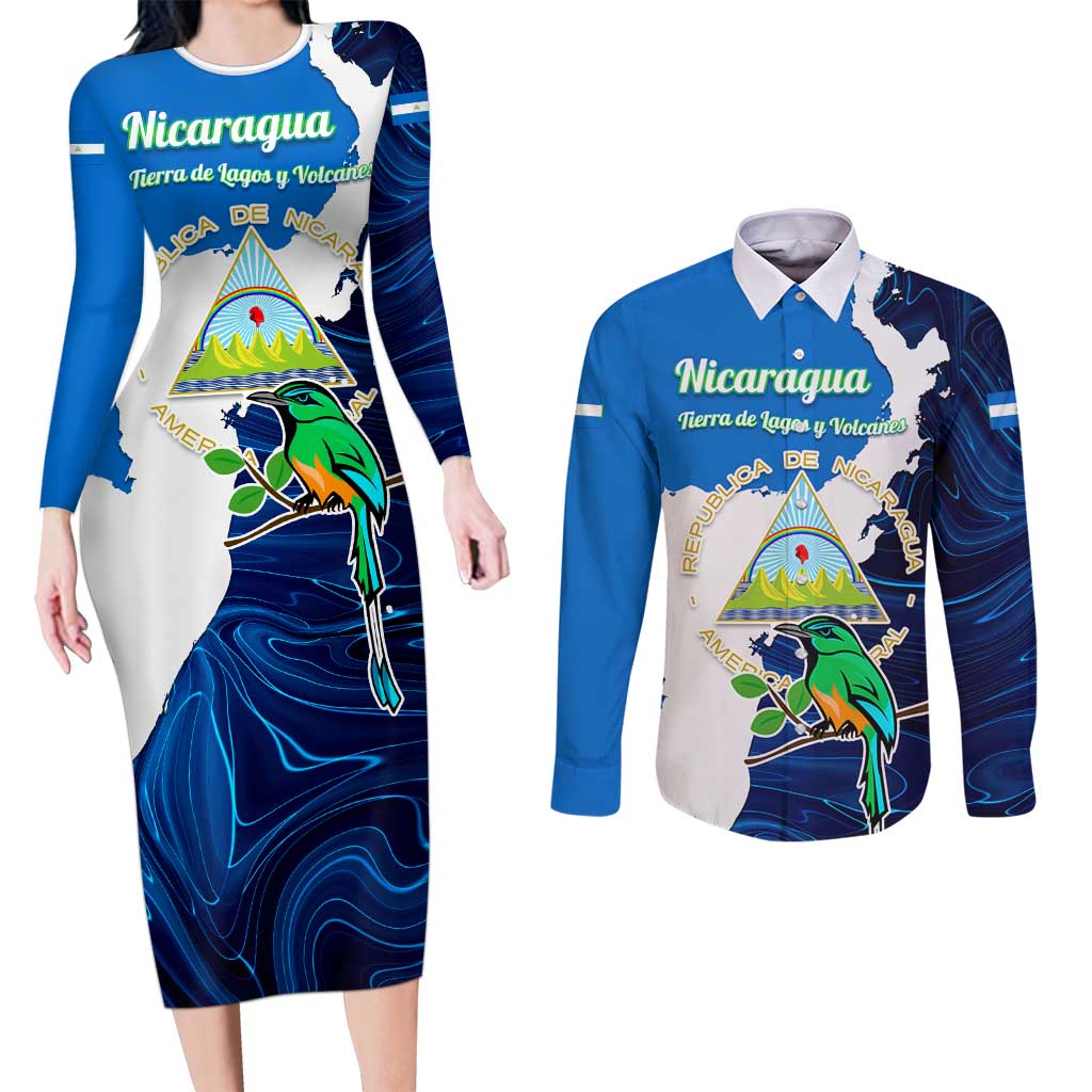 Nicaragua Guardabarranco Bird Couples Matching Long Sleeve Bodycon Dress and Long Sleeve Button Shirt with Volcano Map and National Emblem Design - Wonder Print Shop