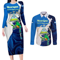 Nicaragua Guardabarranco Bird Couples Matching Long Sleeve Bodycon Dress and Long Sleeve Button Shirt with Volcano Map and National Emblem Design - Wonder Print Shop