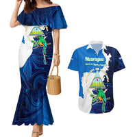 Nicaragua Guardabarranco Bird Couples Matching Mermaid Dress and Hawaiian Shirt with Volcano Map and National Emblem Design - Wonder Print Shop