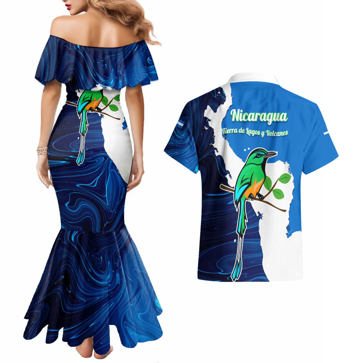 Nicaragua Guardabarranco Bird Couples Matching Mermaid Dress and Hawaiian Shirt with Volcano Map and National Emblem Design - Wonder Print Shop