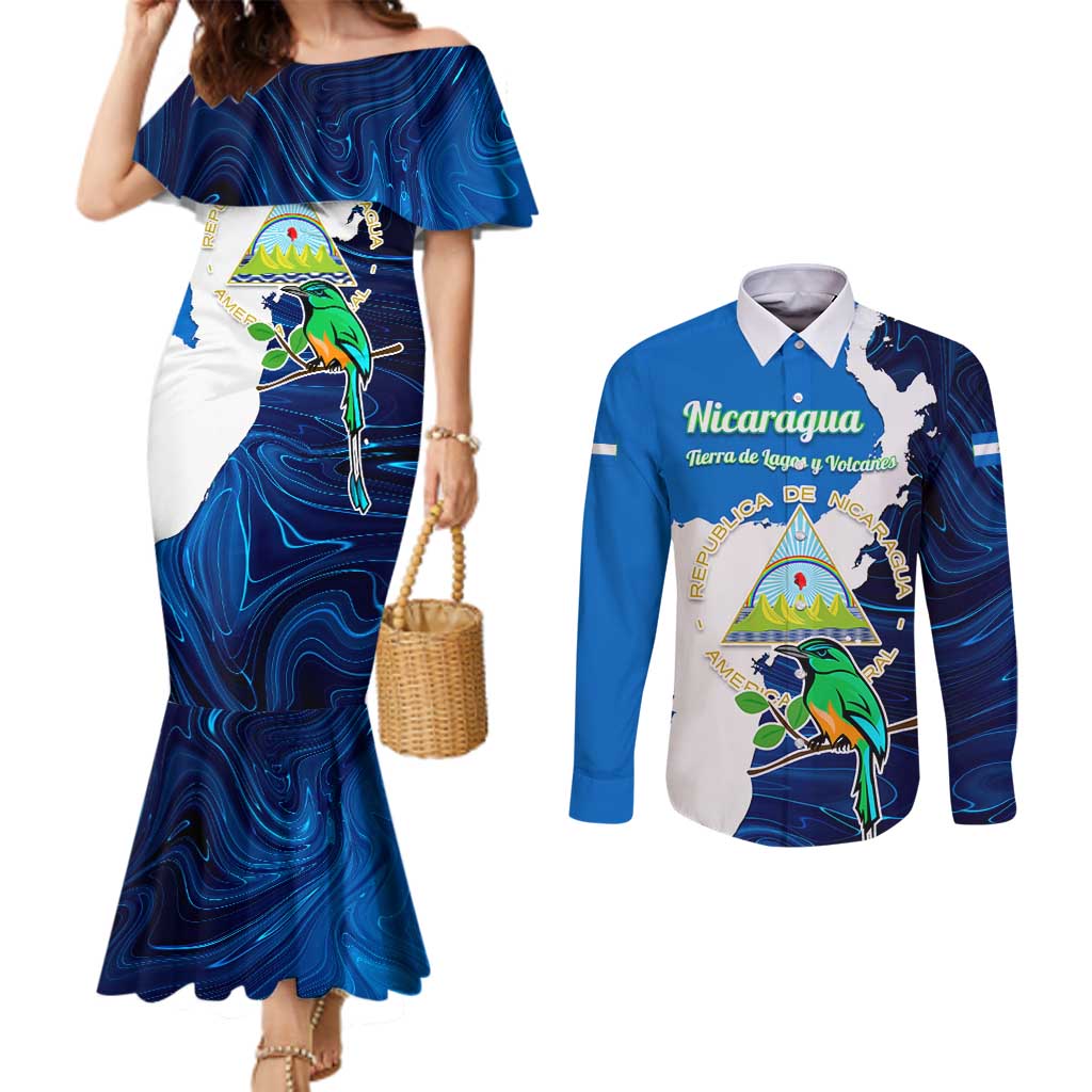 Nicaragua Guardabarranco Bird Couples Matching Mermaid Dress and Long Sleeve Button Shirt with Volcano Map and National Emblem Design - Wonder Print Shop