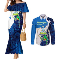 Nicaragua Guardabarranco Bird Couples Matching Mermaid Dress and Long Sleeve Button Shirt with Volcano Map and National Emblem Design - Wonder Print Shop