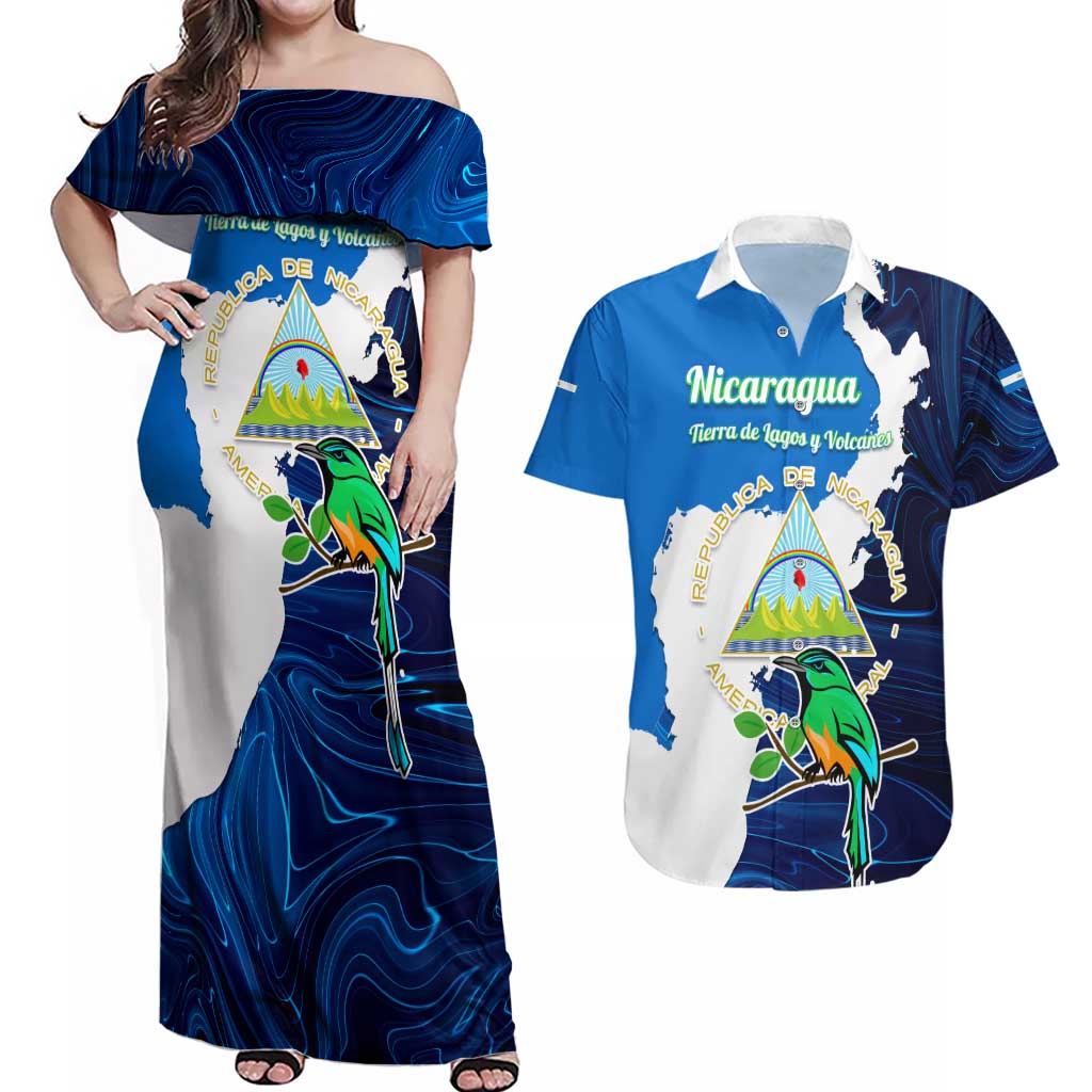 Nicaragua Guardabarranco Bird Couples Matching Off Shoulder Maxi Dress and Hawaiian Shirt with Volcano Map and National Emblem Design - Wonder Print Shop