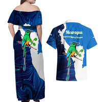 Nicaragua Guardabarranco Bird Couples Matching Off Shoulder Maxi Dress and Hawaiian Shirt with Volcano Map and National Emblem Design - Wonder Print Shop