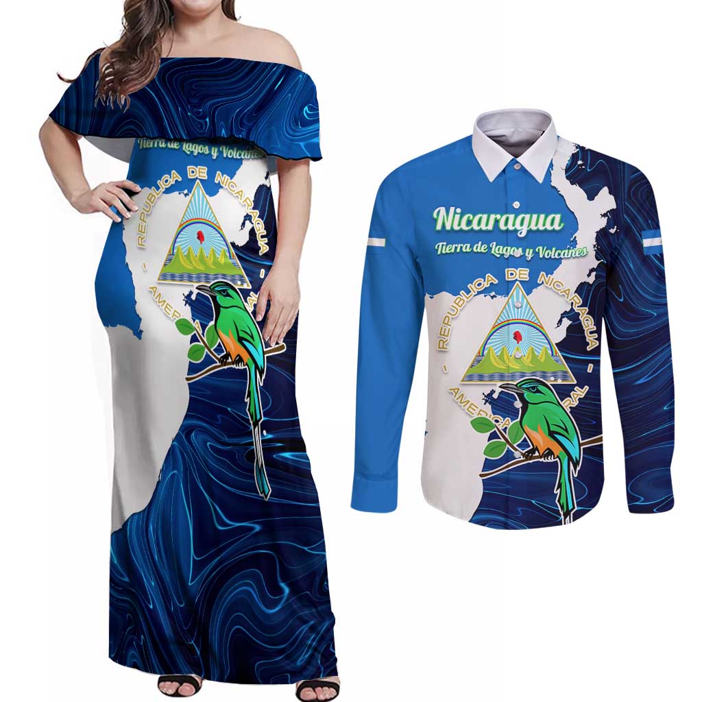 Nicaragua Guardabarranco Bird Couples Matching Off Shoulder Maxi Dress and Long Sleeve Button Shirt with Volcano Map and National Emblem Design - Wonder Print Shop