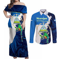 Nicaragua Guardabarranco Bird Couples Matching Off Shoulder Maxi Dress and Long Sleeve Button Shirt with Volcano Map and National Emblem Design - Wonder Print Shop