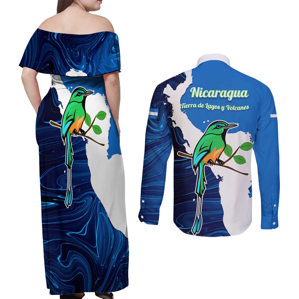 Nicaragua Guardabarranco Bird Couples Matching Off Shoulder Maxi Dress and Long Sleeve Button Shirt with Volcano Map and National Emblem Design - Wonder Print Shop