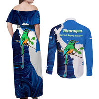 Nicaragua Guardabarranco Bird Couples Matching Off Shoulder Maxi Dress and Long Sleeve Button Shirt with Volcano Map and National Emblem Design - Wonder Print Shop