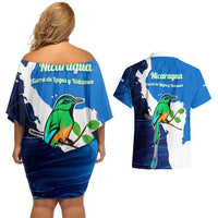 Nicaragua Guardabarranco Bird Couples Matching Off Shoulder Short Dress and Hawaiian Shirt with Volcano Map and National Emblem Design - Wonder Print Shop