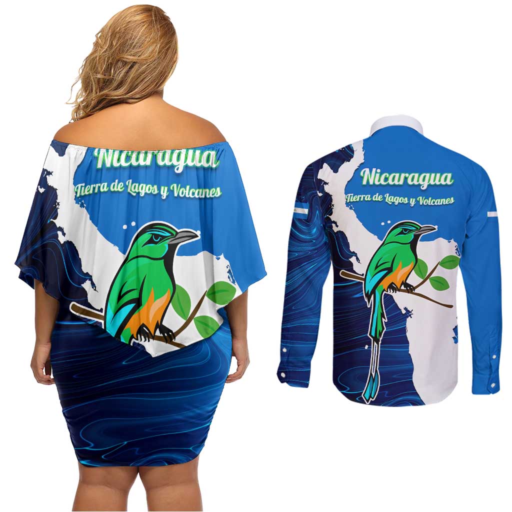 Nicaragua Guardabarranco Bird Couples Matching Off Shoulder Short Dress and Long Sleeve Button Shirt with Volcano Map and National Emblem Design - Wonder Print Shop