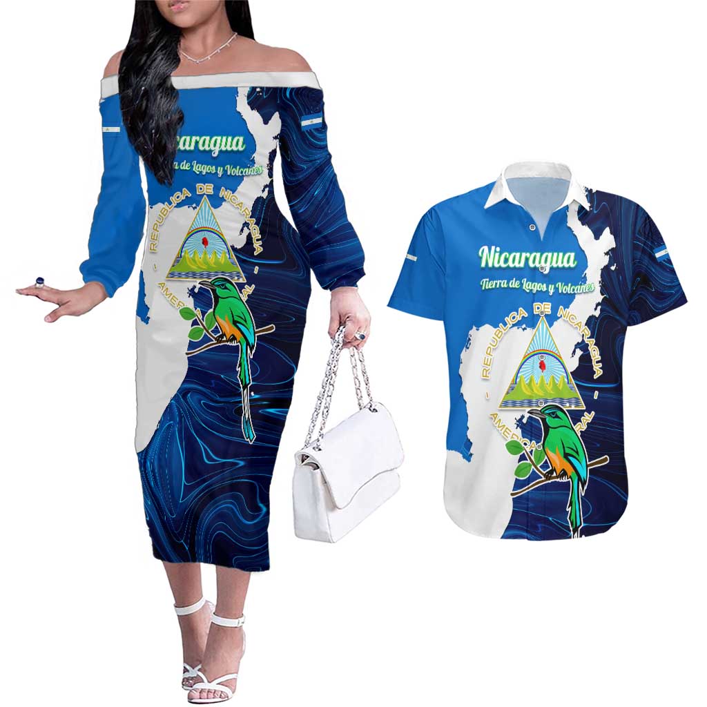 Nicaragua Guardabarranco Bird Couples Matching Off The Shoulder Long Sleeve Dress and Hawaiian Shirt with Volcano Map and National Emblem Design - Wonder Print Shop