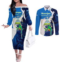 Nicaragua Guardabarranco Bird Couples Matching Off The Shoulder Long Sleeve Dress and Long Sleeve Button Shirt with Volcano Map and National Emblem Design - Wonder Print Shop