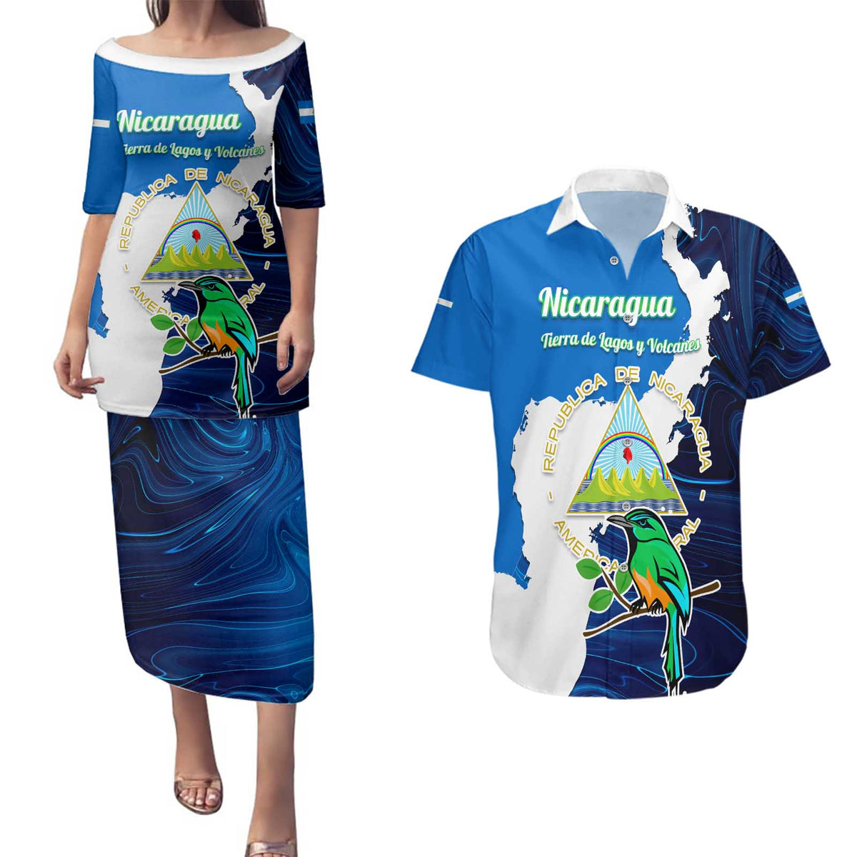 Nicaragua Guardabarranco Bird Couples Matching Puletasi and Hawaiian Shirt with Volcano Map and National Emblem Design - Wonder Print Shop