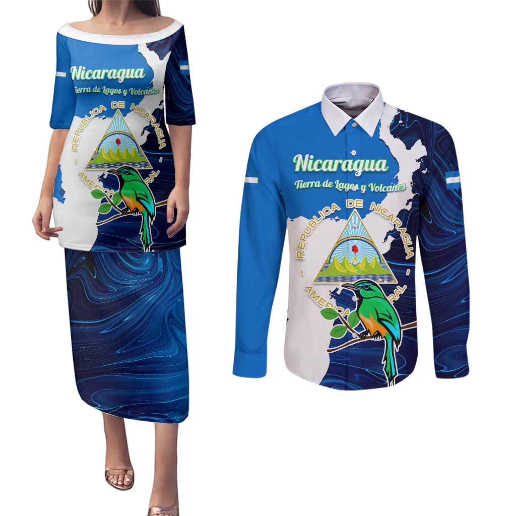 Nicaragua Guardabarranco Bird Couples Matching Puletasi and Long Sleeve Button Shirt with Volcano Map and National Emblem Design - Wonder Print Shop