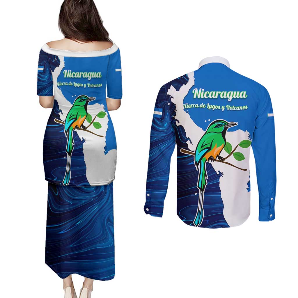 Nicaragua Guardabarranco Bird Couples Matching Puletasi and Long Sleeve Button Shirt with Volcano Map and National Emblem Design - Wonder Print Shop