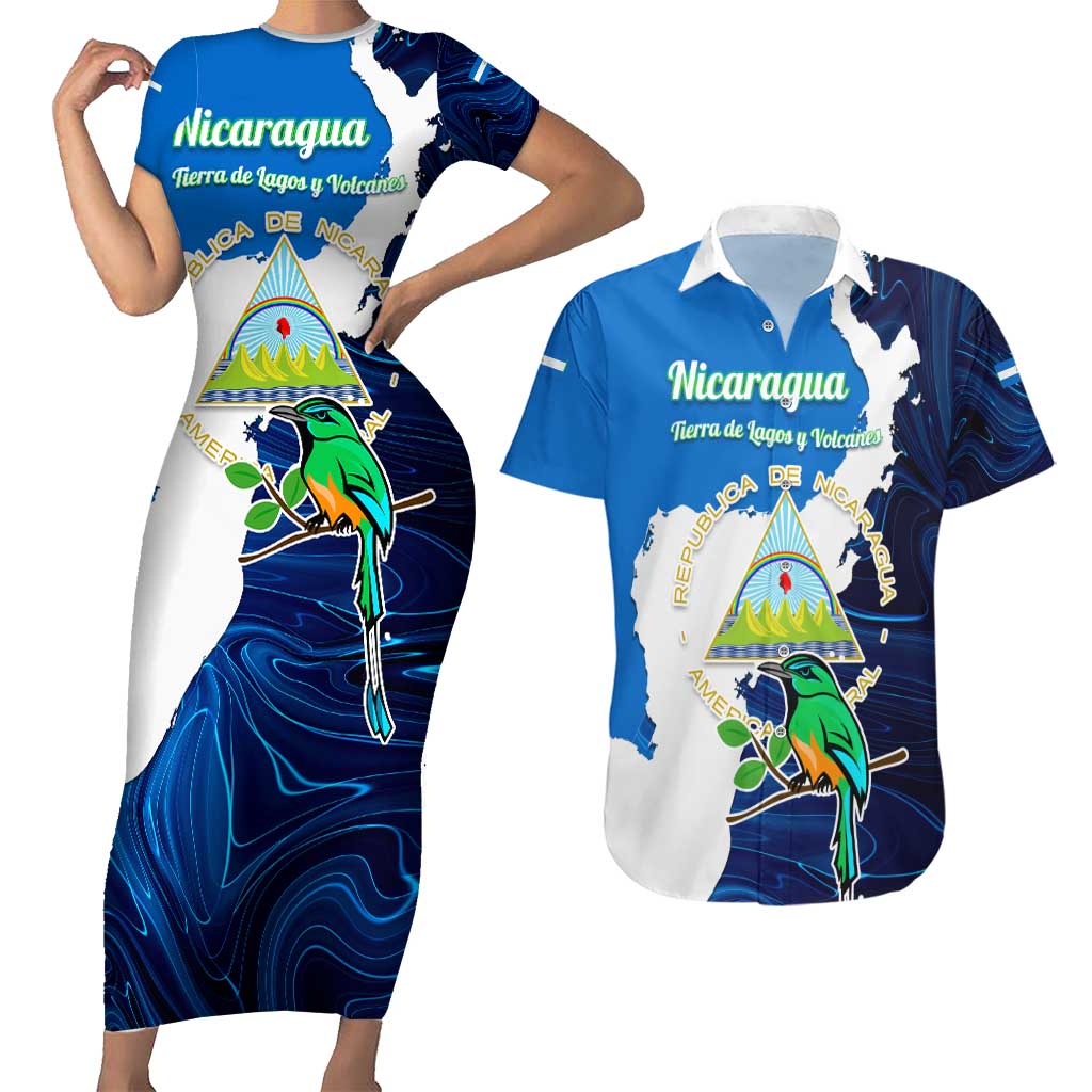 Nicaragua Guardabarranco Bird Couples Matching Short Sleeve Bodycon Dress and Hawaiian Shirt with Volcano Map and National Emblem Design - Wonder Print Shop
