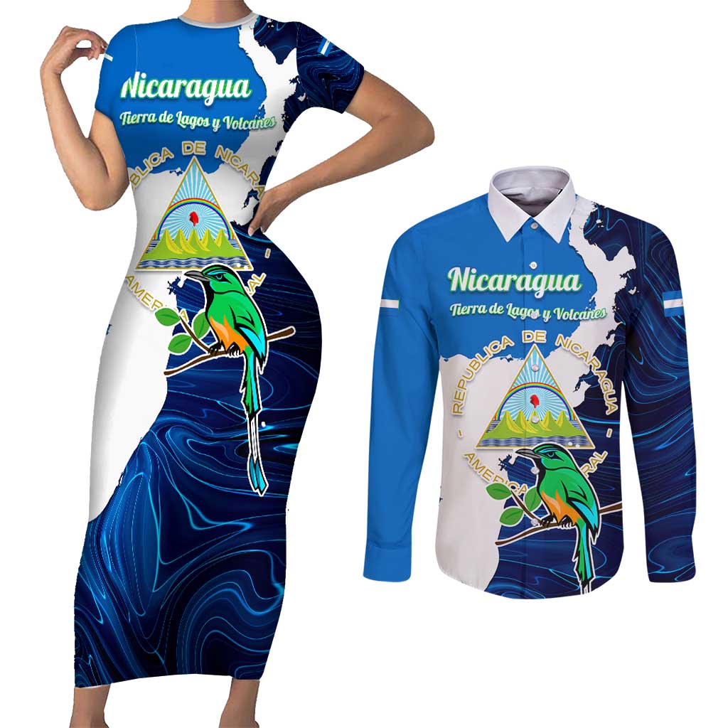 Nicaragua Guardabarranco Bird Couples Matching Short Sleeve Bodycon Dress and Long Sleeve Button Shirt with Volcano Map and National Emblem Design - Wonder Print Shop