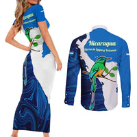 Nicaragua Guardabarranco Bird Couples Matching Short Sleeve Bodycon Dress and Long Sleeve Button Shirt with Volcano Map and National Emblem Design - Wonder Print Shop