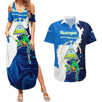 Nicaragua Guardabarranco Bird Couples Matching Summer Maxi Dress and Hawaiian Shirt with Volcano Map and National Emblem Design - Wonder Print Shop