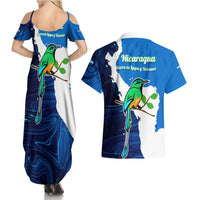 Nicaragua Guardabarranco Bird Couples Matching Summer Maxi Dress and Hawaiian Shirt with Volcano Map and National Emblem Design - Wonder Print Shop