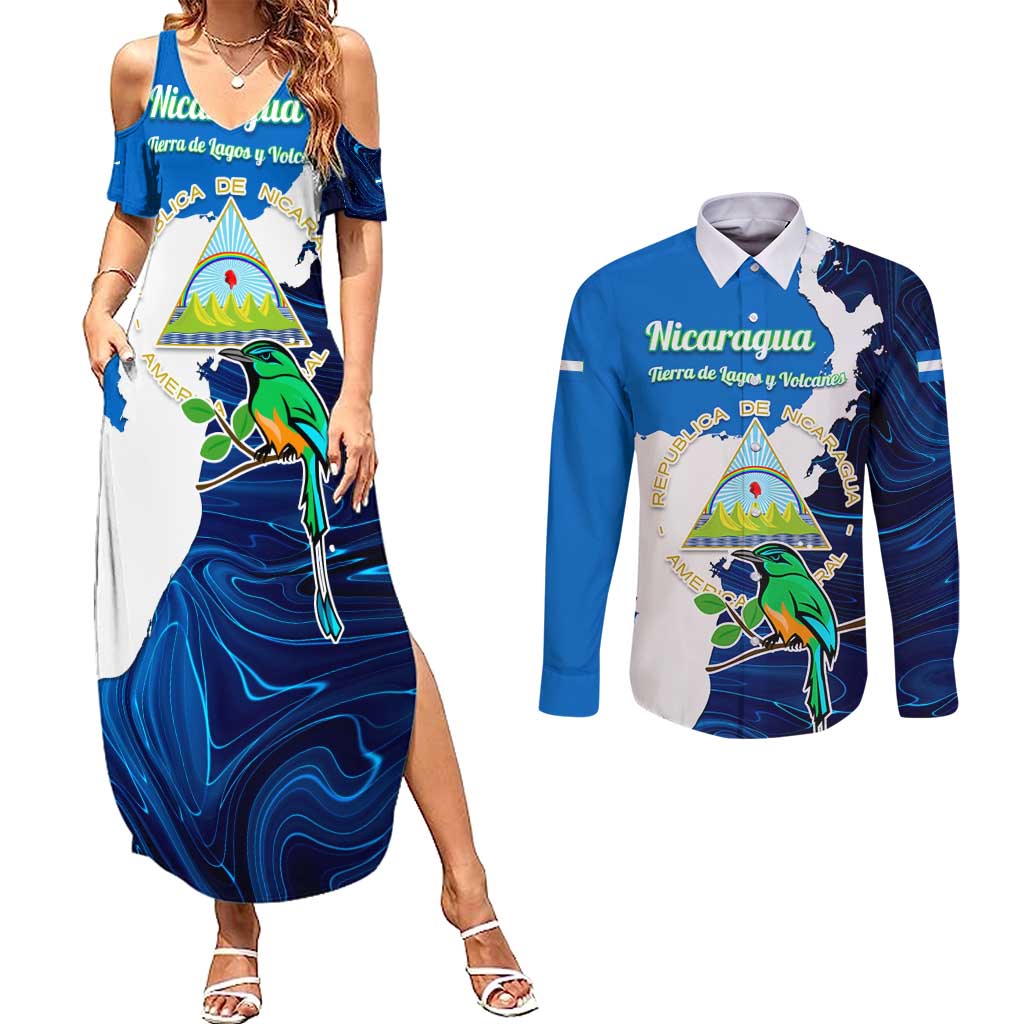 Nicaragua Guardabarranco Bird Couples Matching Summer Maxi Dress and Long Sleeve Button Shirt with Volcano Map and National Emblem Design - Wonder Print Shop