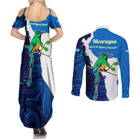 Nicaragua Guardabarranco Bird Couples Matching Summer Maxi Dress and Long Sleeve Button Shirt with Volcano Map and National Emblem Design - Wonder Print Shop