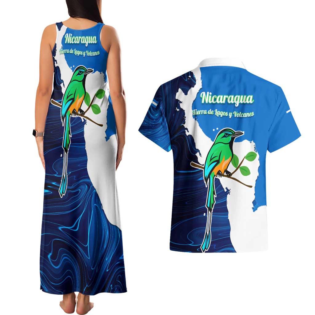 Nicaragua Guardabarranco Bird Couples Matching Tank Maxi Dress and Hawaiian Shirt with Volcano Map and National Emblem Design - Wonder Print Shop