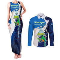 Nicaragua Guardabarranco Bird Couples Matching Tank Maxi Dress and Long Sleeve Button Shirt with Volcano Map and National Emblem Design - Wonder Print Shop