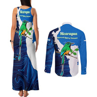 Nicaragua Guardabarranco Bird Couples Matching Tank Maxi Dress and Long Sleeve Button Shirt with Volcano Map and National Emblem Design - Wonder Print Shop