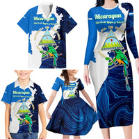 Nicaragua Guardabarranco Bird Family Matching Long Sleeve Bodycon Dress and Hawaiian Shirt with Volcano Map and National Emblem Design - Wonder Print Shop