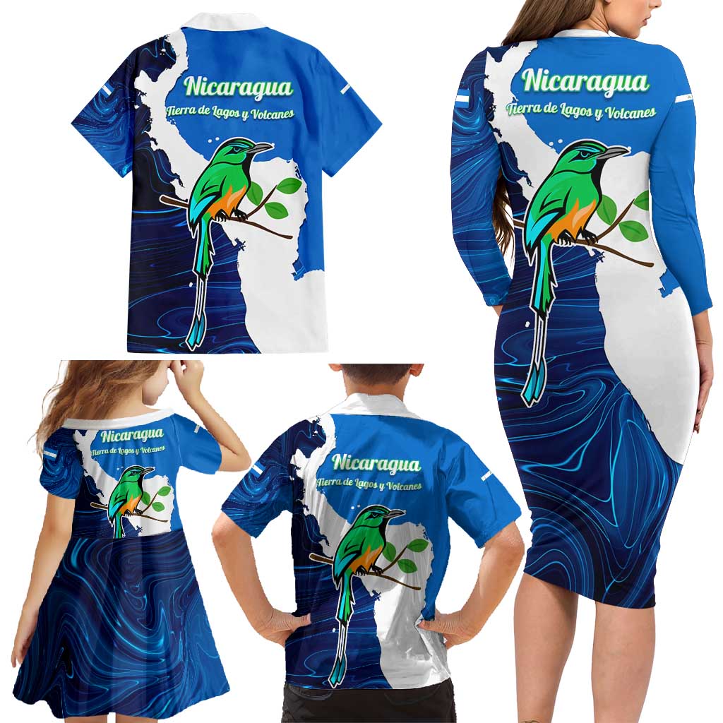 Nicaragua Guardabarranco Bird Family Matching Long Sleeve Bodycon Dress and Hawaiian Shirt with Volcano Map and National Emblem Design - Wonder Print Shop