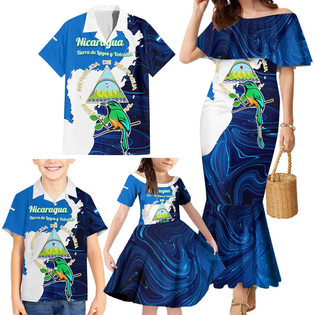 Nicaragua Guardabarranco Bird Family Matching Mermaid Dress and Hawaiian Shirt with Volcano Map and National Emblem Design - Wonder Print Shop
