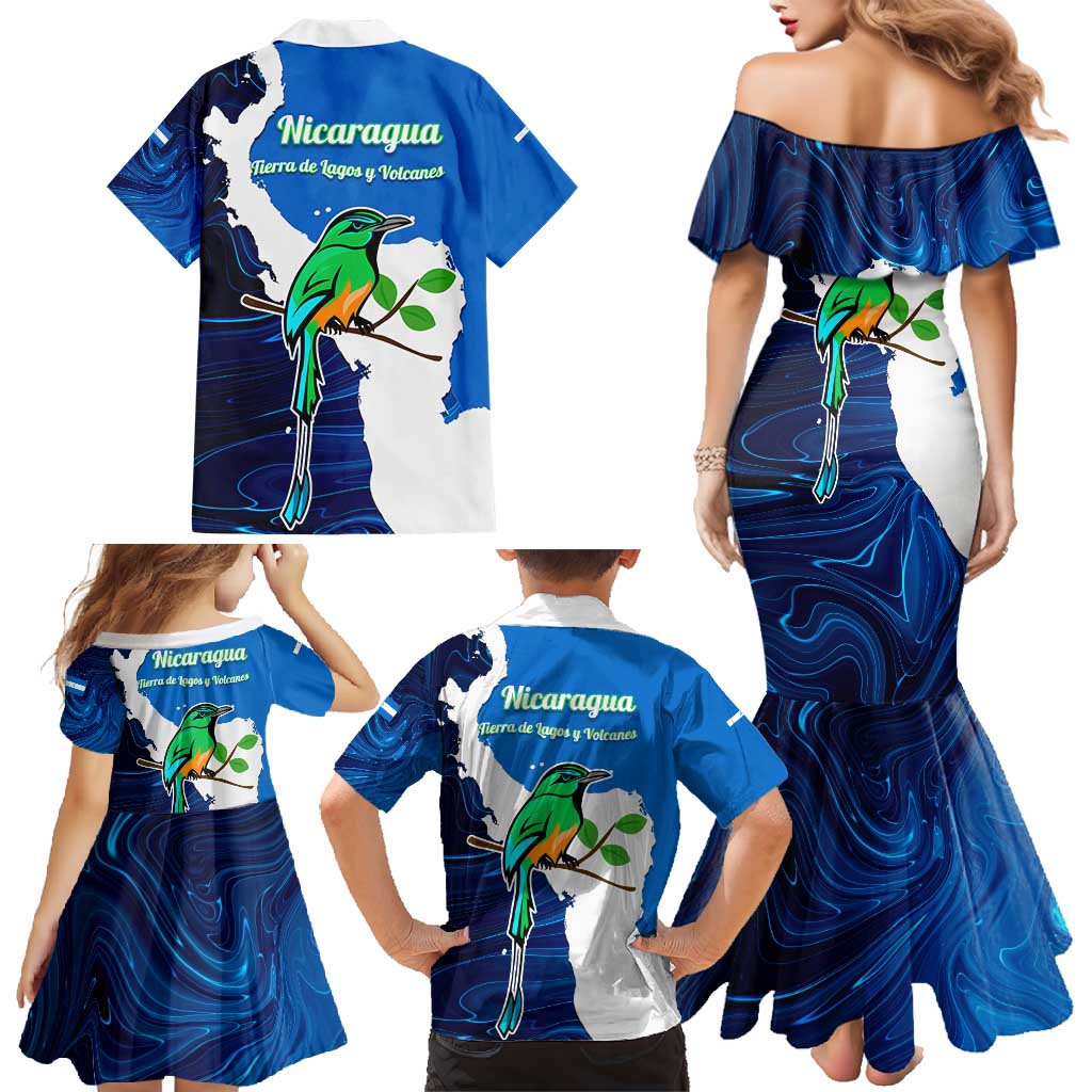 Nicaragua Guardabarranco Bird Family Matching Mermaid Dress and Hawaiian Shirt with Volcano Map and National Emblem Design - Wonder Print Shop