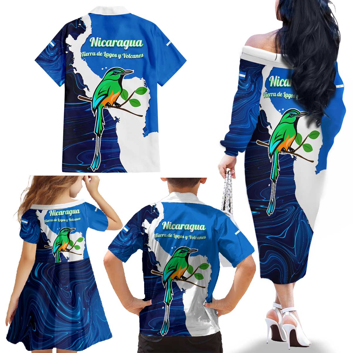Nicaragua Guardabarranco Bird Family Matching Off The Shoulder Long Sleeve Dress and Hawaiian Shirt with Volcano Map and National Emblem Design - Wonder Print Shop