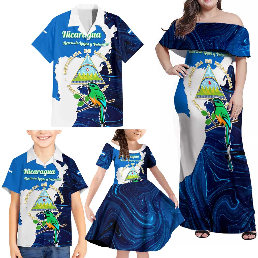 Nicaragua Guardabarranco Bird Family Matching Off Shoulder Maxi Dress and Hawaiian Shirt with Volcano Map and National Emblem Design - Wonder Print Shop