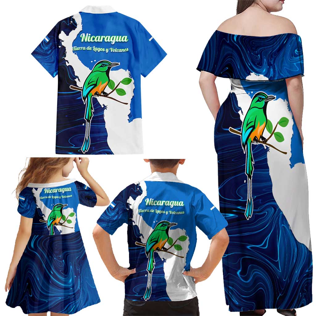 Nicaragua Guardabarranco Bird Family Matching Off Shoulder Maxi Dress and Hawaiian Shirt with Volcano Map and National Emblem Design - Wonder Print Shop