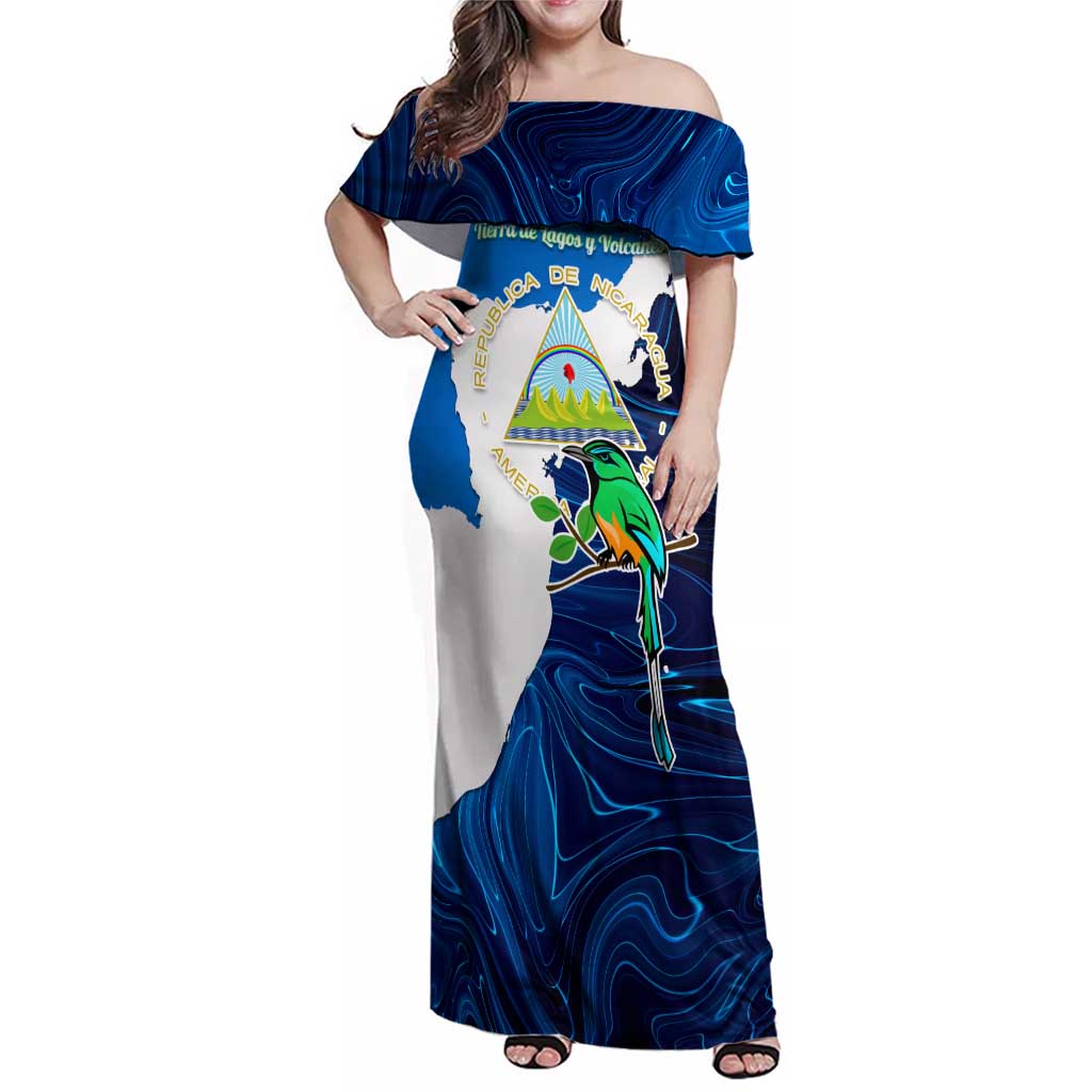 Nicaragua Guardabarranco Bird Family Matching Off Shoulder Maxi Dress and Hawaiian Shirt with Volcano Map and National Emblem Design - Wonder Print Shop