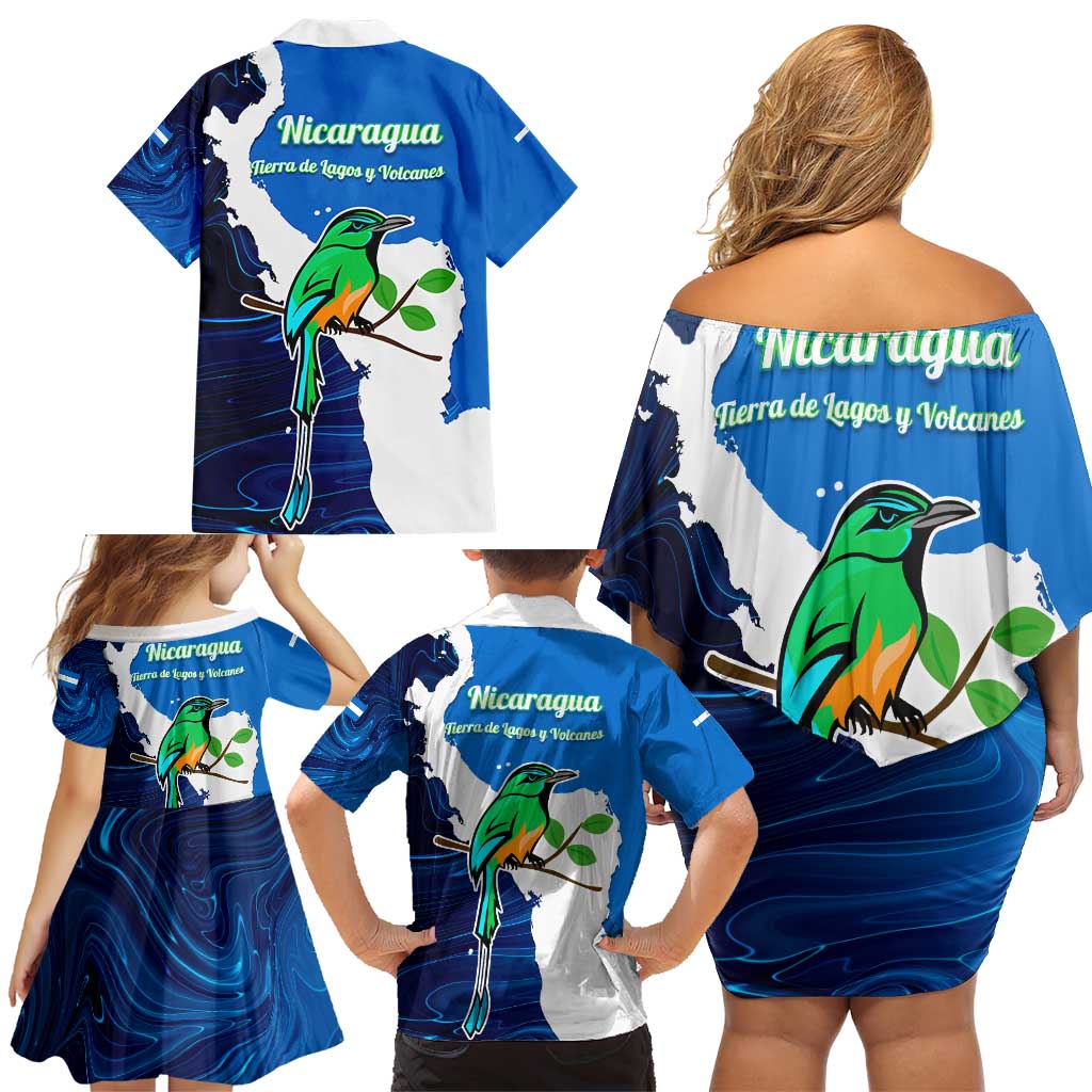 Nicaragua Guardabarranco Bird Family Matching Off Shoulder Short Dress and Hawaiian Shirt with Volcano Map and National Emblem Design - Wonder Print Shop