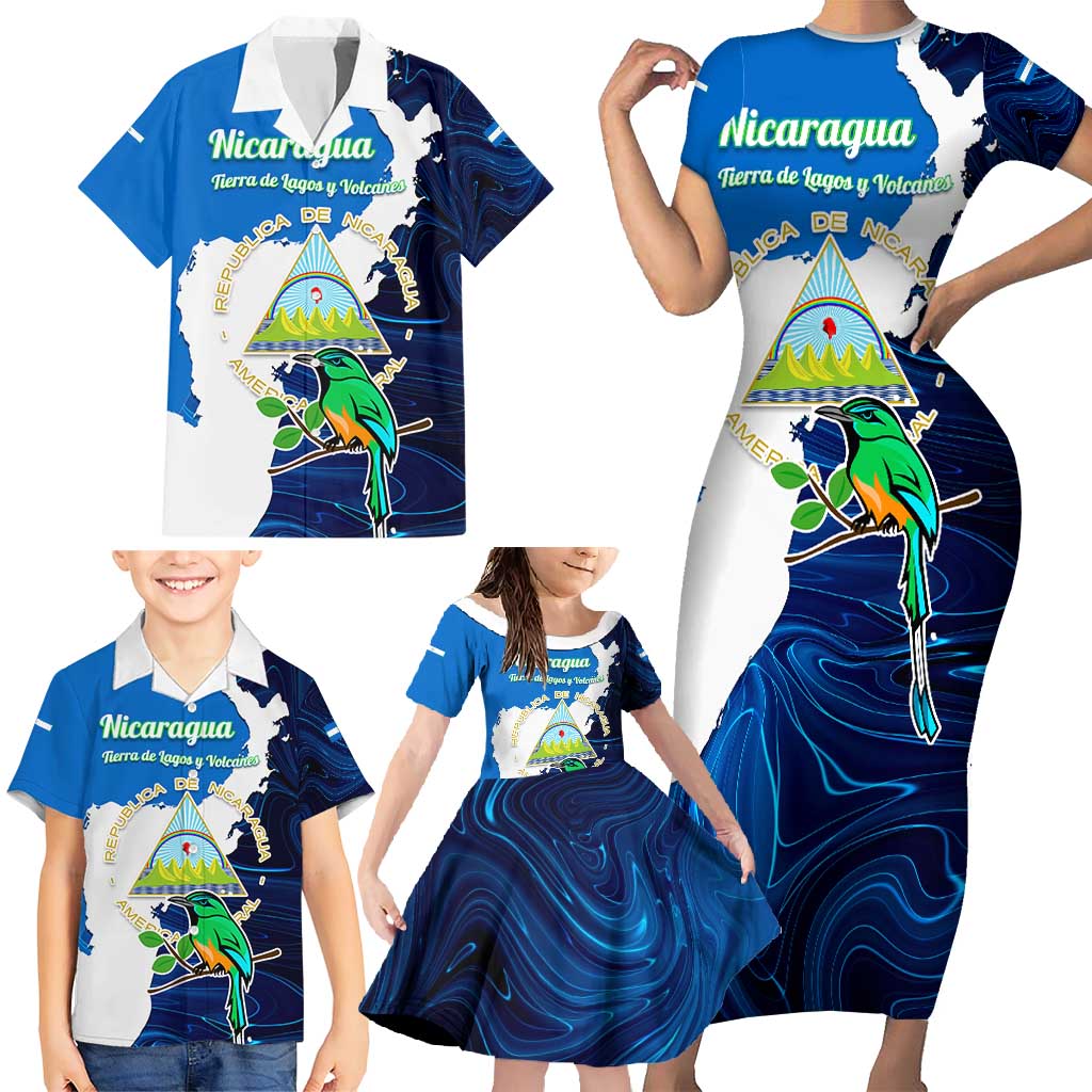 Nicaragua Guardabarranco Bird Family Matching Short Sleeve Bodycon Dress and Hawaiian Shirt with Volcano Map and National Emblem Design - Wonder Print Shop