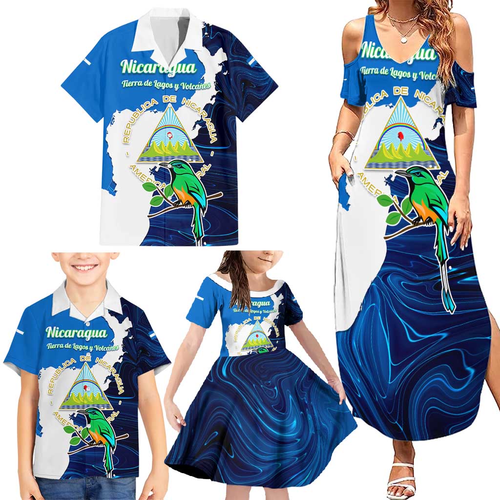 Nicaragua Guardabarranco Bird Family Matching Summer Maxi Dress and Hawaiian Shirt with Volcano Map and National Emblem Design - Wonder Print Shop