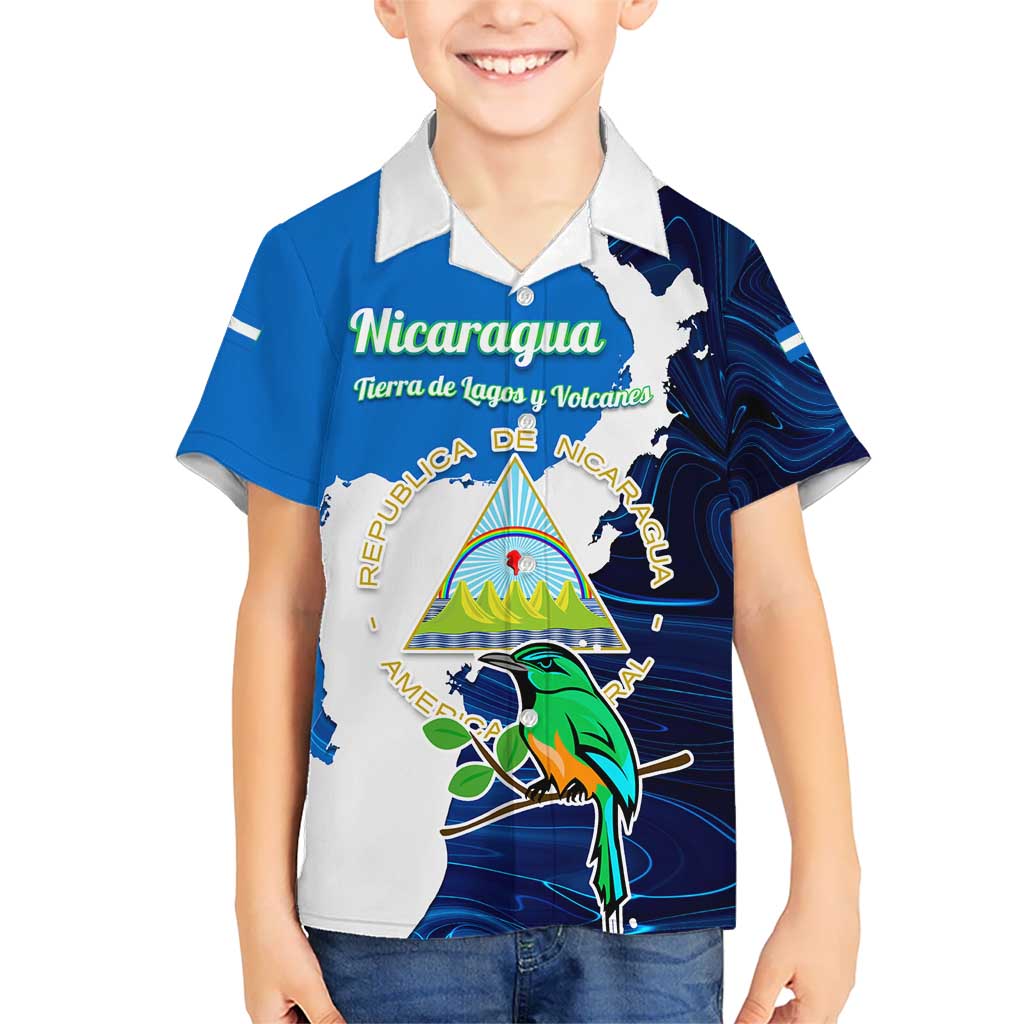 Nicaragua Guardabarranco Bird Kid Hawaiian Shirt with Volcano Map and National Emblem Design - Wonder Print Shop