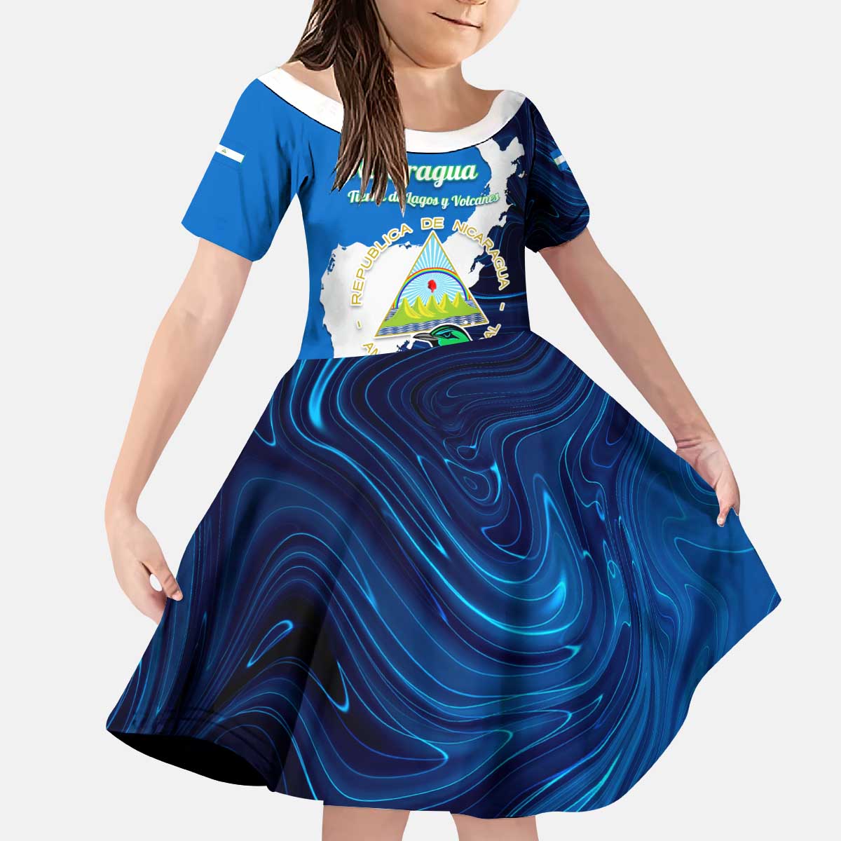 Nicaragua Guardabarranco Bird Kid Short Sleeve Dress with Volcano Map and National Emblem Design - Wonder Print Shop
