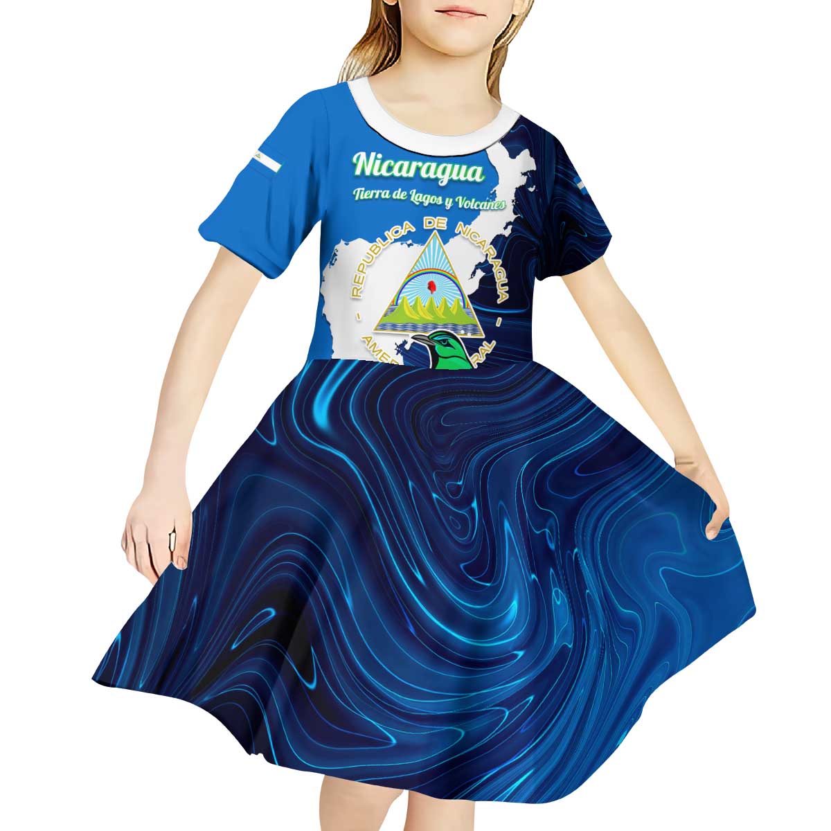 Nicaragua Guardabarranco Bird Kid Short Sleeve Dress with Volcano Map and National Emblem Design - Wonder Print Shop