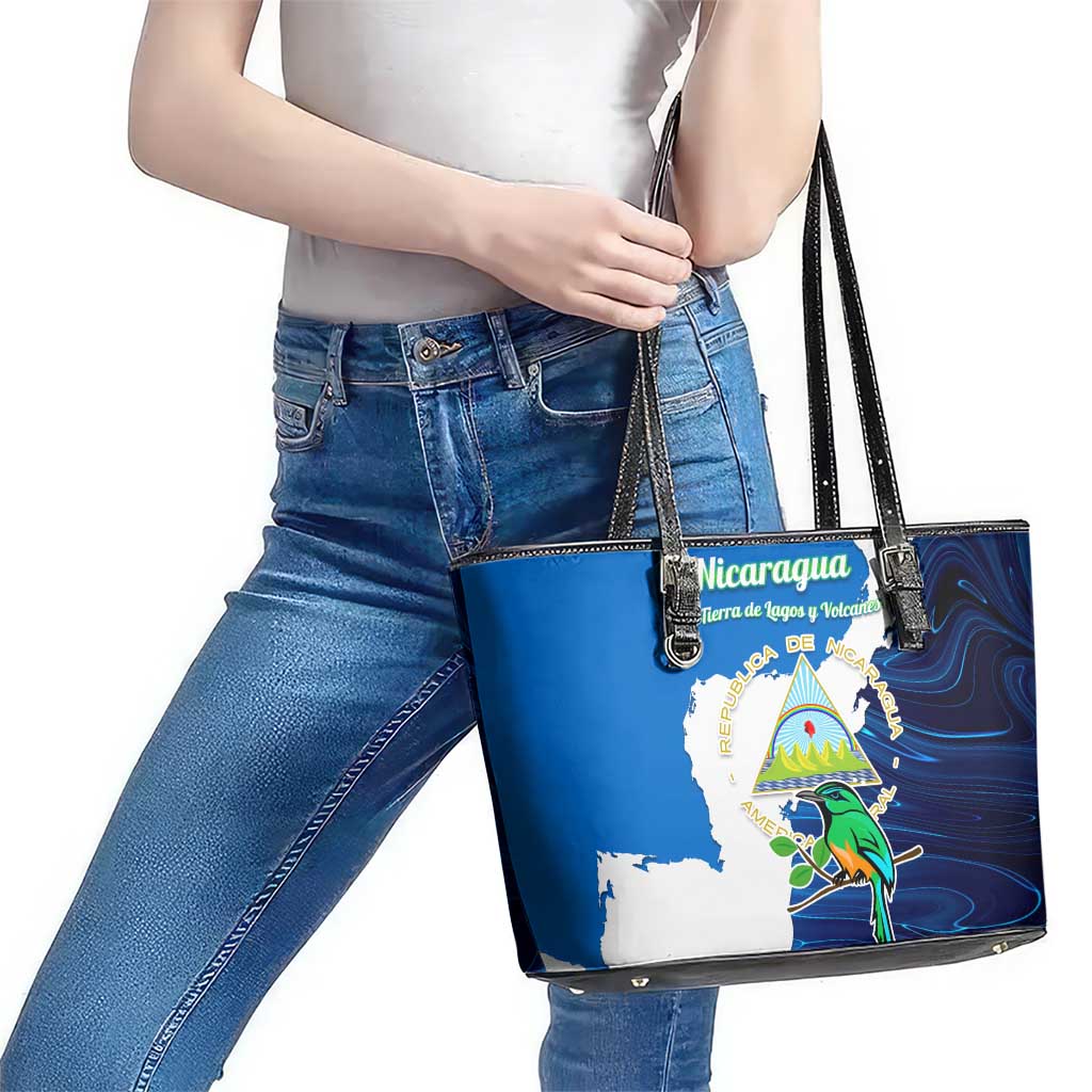 Nicaragua Guardabarranco Bird Leather Tote Bag with Volcano Map and National Emblem Design - Wonder Print Shop