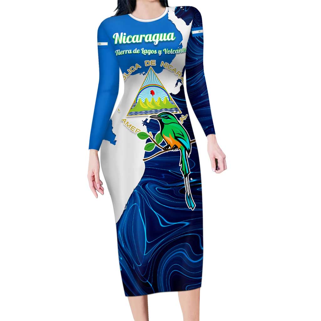 Nicaragua Guardabarranco Bird Long Sleeve Bodycon Dress with Volcano Map and National Emblem Design - Wonder Print Shop