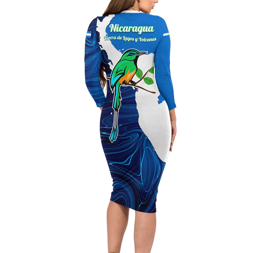 Nicaragua Guardabarranco Bird Long Sleeve Bodycon Dress with Volcano Map and National Emblem Design - Wonder Print Shop